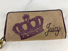 Juicy Couture Vintage Tan Velour Purple Leather Crown Zip Around Wallet