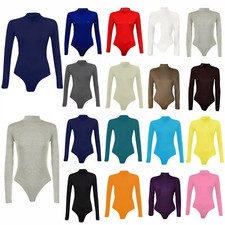 Ladies Polo Neck Women's Long Sleeve Stretch Leotard Bodysuit T-Shirt UK 8-14