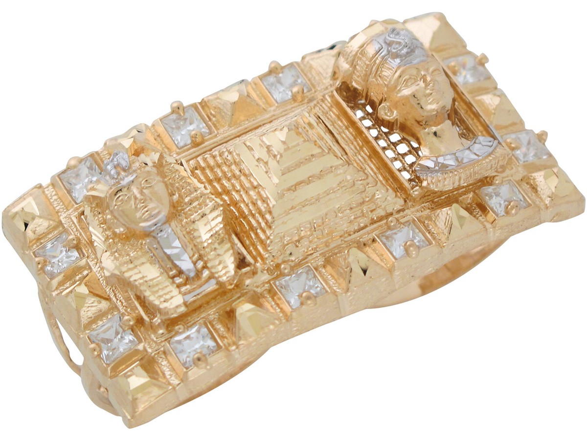 10k or 14k Two-Tone Gold Egyptian Pyramid Pharaoh Queen CZ Two Finger Ring