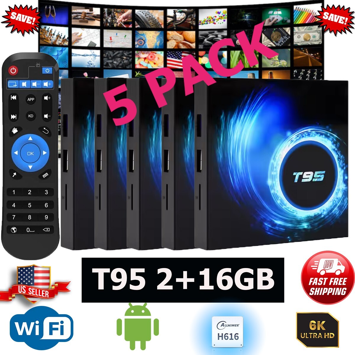 T95 Android TV Box Quad Core 6K WIFI HD 2+16GB Media Stream Player (5 PACK)