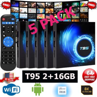 T95 Android TV Box Quad Core 6K WIFI HD 2+16GB Media Stream Player (5 PACK)