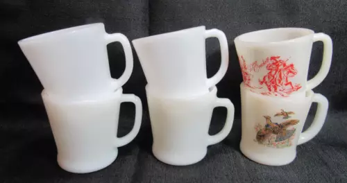 Anchor Hocking Fire King Milk Glass 6 Vintage Cups/Mugs Davy Crocket DHandles GC