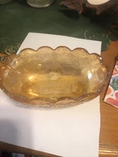 Vintage Jeannette Glass Oval Floragold Footed Decorative Bowl