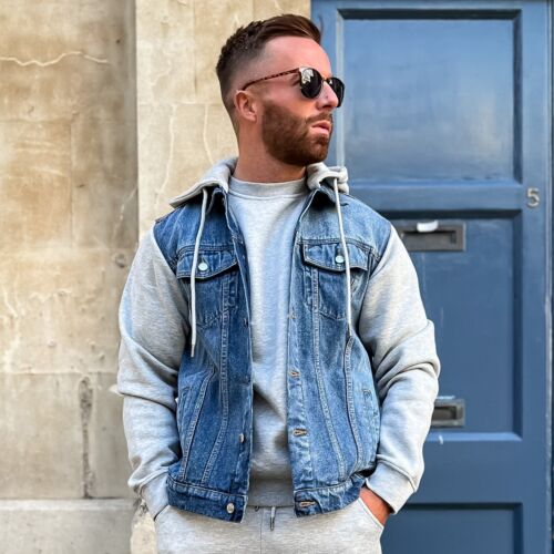 JMOJO Mens Denim Hooded Jacket Warm Trucker Durable Hoodie Winter Sleeves Coat - Picture 6 of 10
