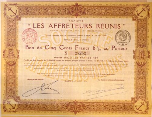 Société Les AFFRETEURS REUNIS Bon au Porteur de cinq cents Francs 1919 - Zdjęcie 1 z 2