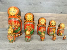Vintage Russian Matryoshka 11.5” Nesting Dolls  10 Piece Signed Hand Painted