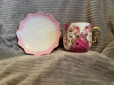 Vintage PORCELAIN Pink Purple FLORAL Tea/Coffee Cup with Saucer