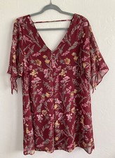 Women's Timing Boho Open Sleeve Sheer Floral Mini Dress Maroon/Multcolor Size M