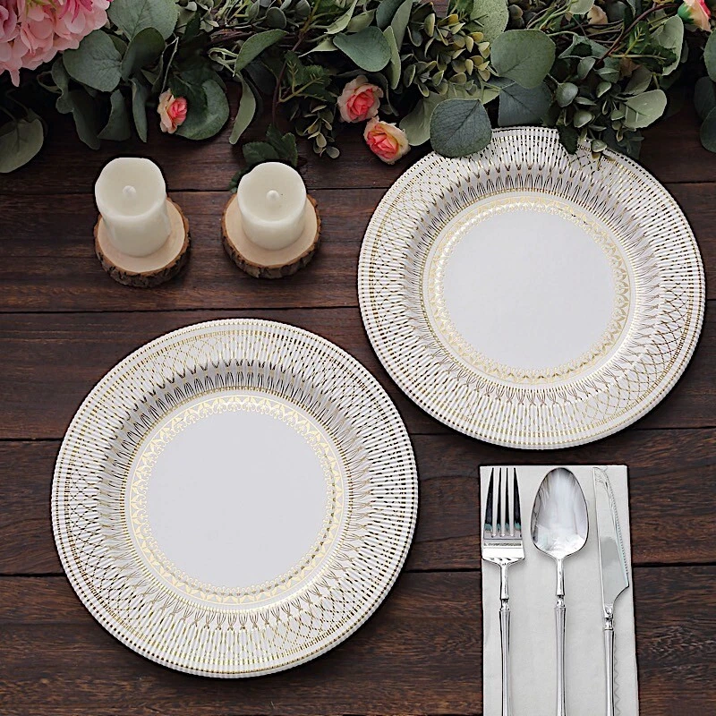 25 White 10 in Round Disposable Paper PLATES Gold Porcelain Design Party Events - Image 3 of 4