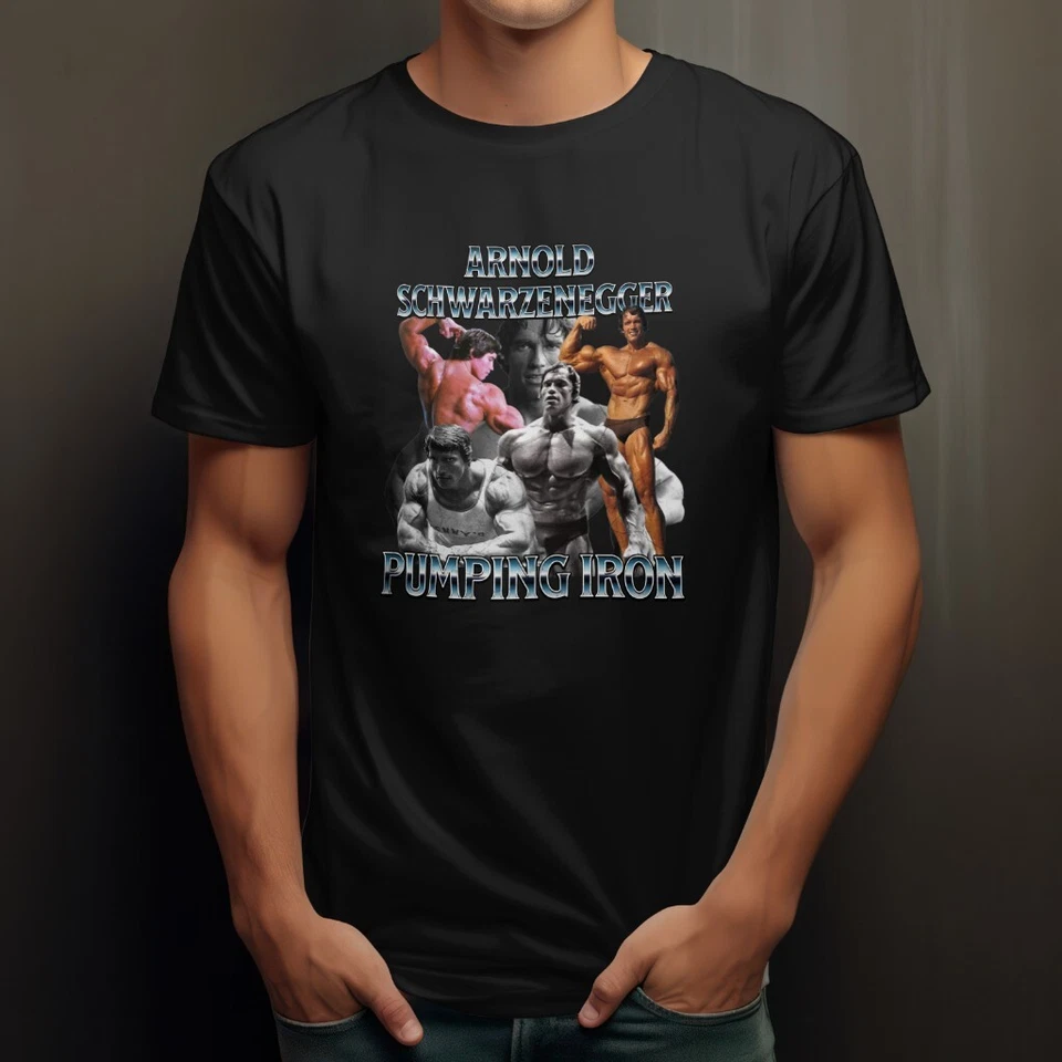 T-shirt Arnold Schwarzenegger ferro pompaggio bodybuilding muscolare top palestra fan maglietta - Immagine 3 di 4