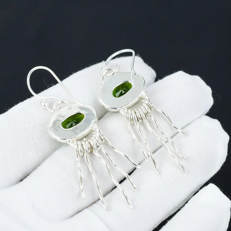 925 Sterling Silver Green Peridot Gemstone Handmade Jewelry Earring Size-1.5" - Image 3 of 4