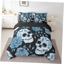 Women Rose Skull Bed in a Bag Blue Sugar Skull Comforter King Blue and Black