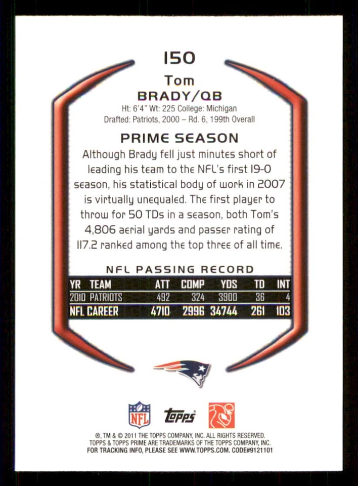 2011 Topps Prime #150 Tom Brady - Image 2 of 2