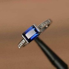 Emerald Cut Lab Created Sapphire Engagement Ring 14k White Gold Finish in Size S
