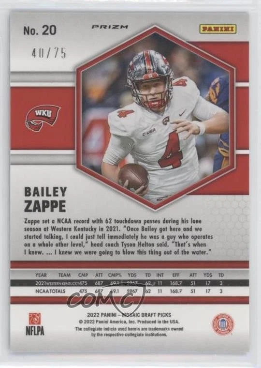 2022 Panini Mosaic Draft Picks Mosaic Blue Prizm /75 Bailey Zappe #20 Rookie RC - Image 2 of 2