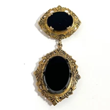 Vintage Victorian Revival Brooch Mourning Back Locket Jet Black Glass 1935-1945