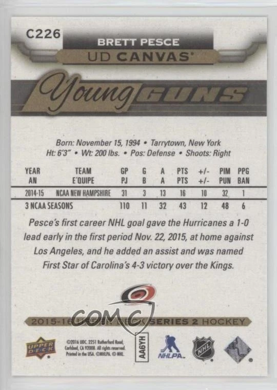 2015-16 Upper Deck UD Canvas Young Guns Brett Pesce #C226 Rookie RC - Image 2 of 2