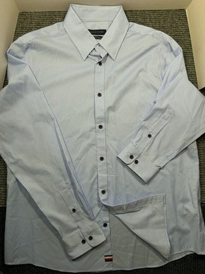 Tommy Hilfiger Men's Blue White Check Button-Down Shirt L Long Sleeve Stretch