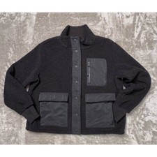 FLX Black Boucle Mixed Media Snap Front Fleece Lined Bomber Jacket Womens Size L