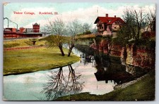 Rockford Illinois~Tinker Cottage Bldg~Man By River~Smokestack~c1910 Postcard