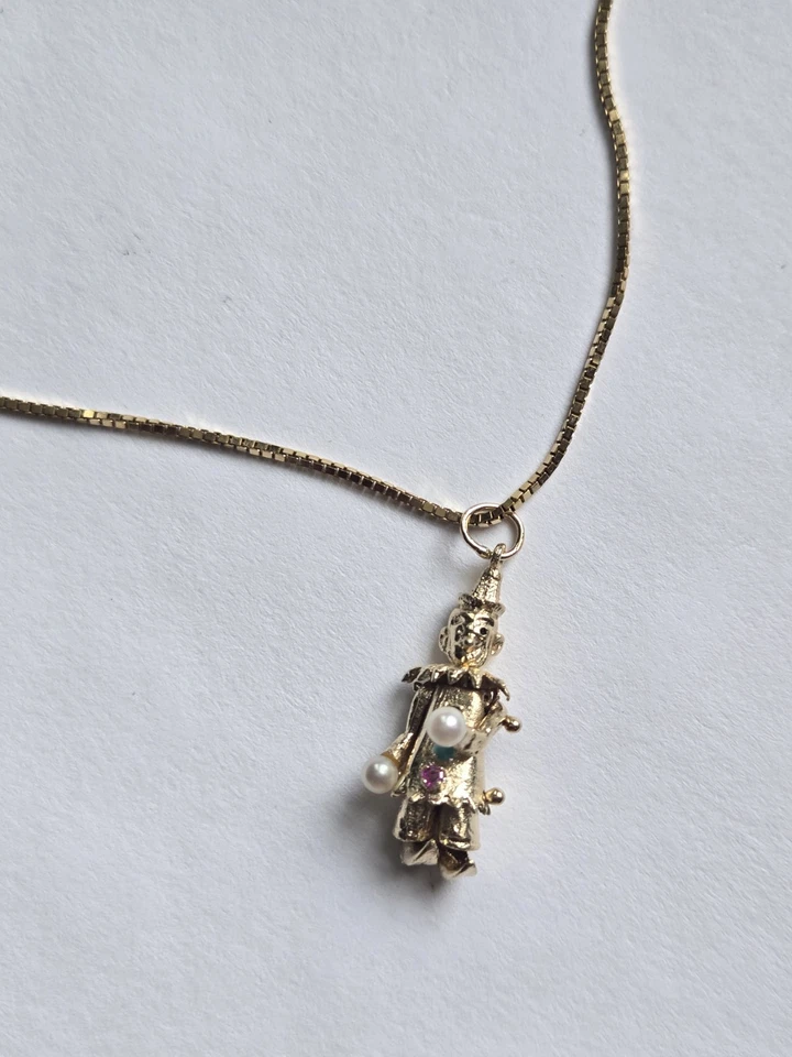 14K Solid Gold Pearl Ruby Sapphire Clown Pendant Box Chain Necklace-11 Grams - Image 3 of 4