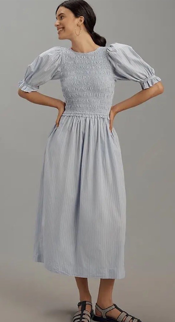 DAMSON MADDER Bluebelle Midi Dress Women's Size 10 Blue Motif Smocked Pockets
