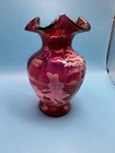 Fenton Mary Gregory Cranberry Crimp Rim 6.75” Vase Hand Painted Signed & Num