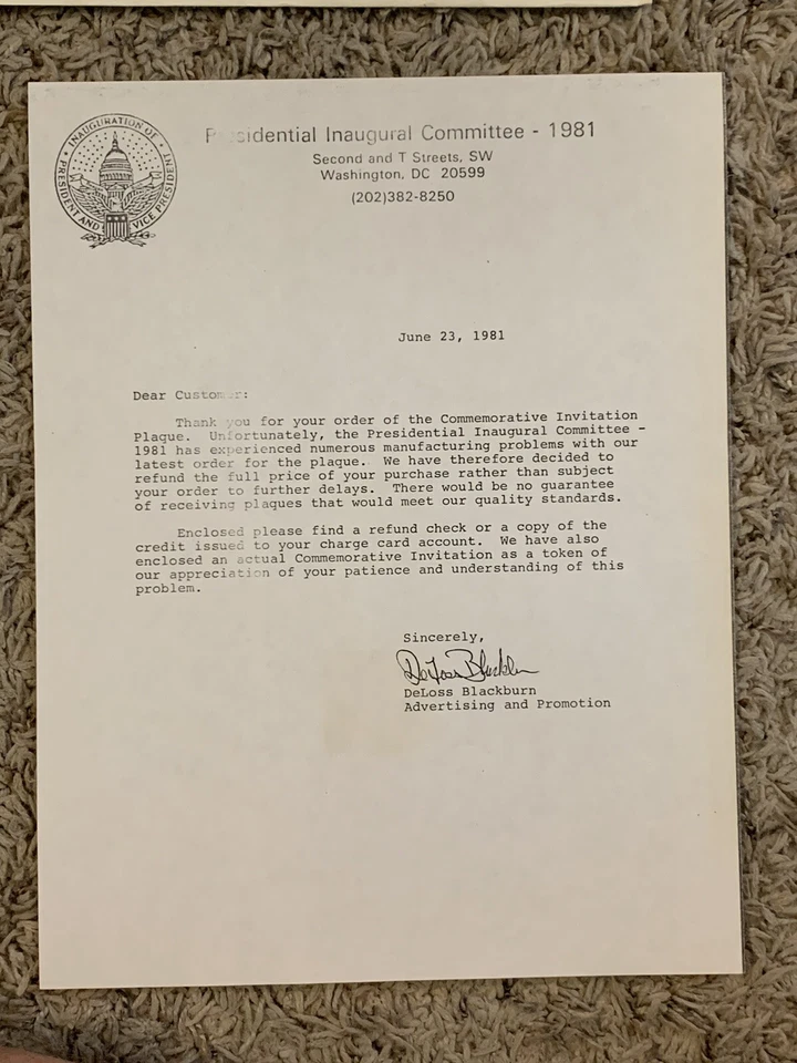 1981 COMMERATIVE INVITATION WITH MFG PROBLEMS LETTER AND ORIGINAL ENVELOPE - Image 2 of 4