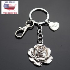 Vintage Rose Flower Petal Charm Pendant Keychain Key Chain Clip Sister Heart