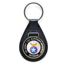 US Army 12th Support Brigade Veteran Black Leather Keychain Silver Keyring