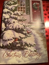 Christmas Card Glittered Religious snowy tree red door Unused+env