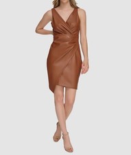 Guess Women's Brown Faux Leather Pleated V-Neck Sleeveless Sheath Dress Size 12