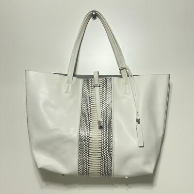 Vince Camuto White Leather and Python Print Large Tote