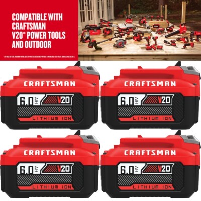 4Pack 20V V20 6.0Ah For CMCB205 Craftsman 20V MAX Li-ion Battery/CMCB104 Charger