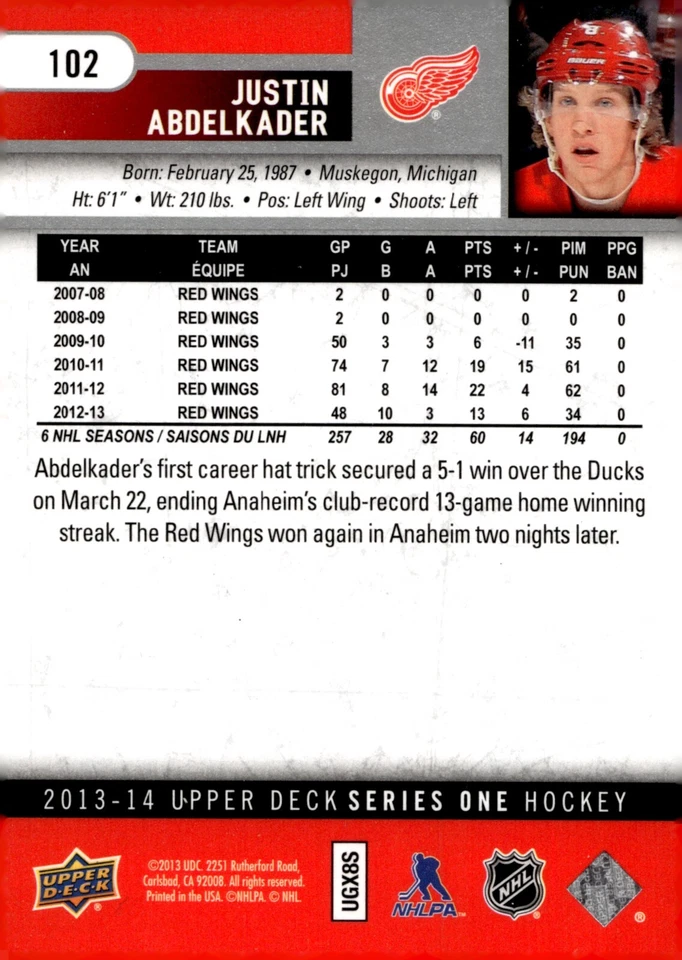 Justin Abdelkader - Signed 2013-14 Upper Deck Series 1 Card #102 - Image 2 of 2