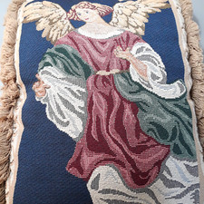 Tapestry Throw Pillow with Fringe Guardian Angel Christmas 16 X 12 Vintage