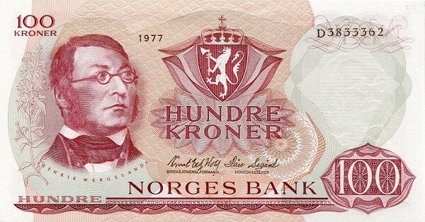 貨幣 未使用 ノルウェー 1977年 高額 100クローネ P-38h