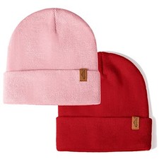 1  2 Packs Unisex Knit Winter Beanie Hats Cap Set for Men One Size Red pink