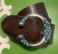 Southwestern Brown Leather Belt Faux Turquoise Silver Accent Buckle M