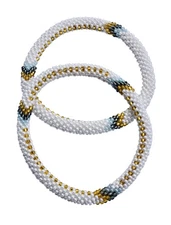 Set of 2 Handmade Beaded Glass Seed Bead Stackable White Crochet Bracelets