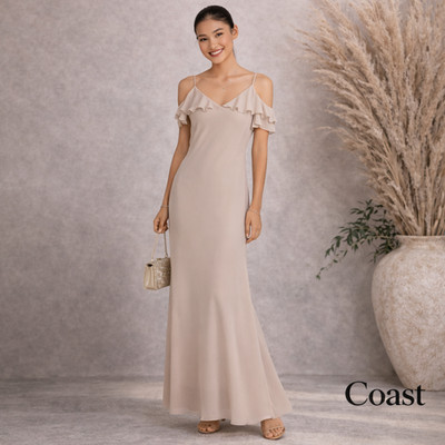 Coast Damen cremefarbenes schulterfreies Chiffon-Maxikleid Brautjungfer Abschlussball UK 12 neu mit Etikett