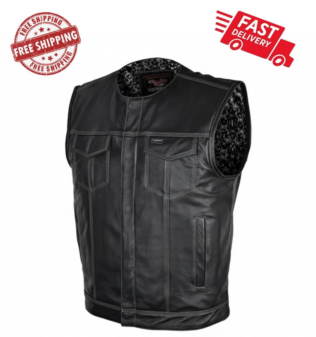 Men's Black Paisley Design Liner Premium Cowhide Leather SOA Style Club Vest