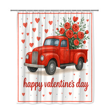 Valentine's Day Red Truck Shower Curtain with Roses and Hearts