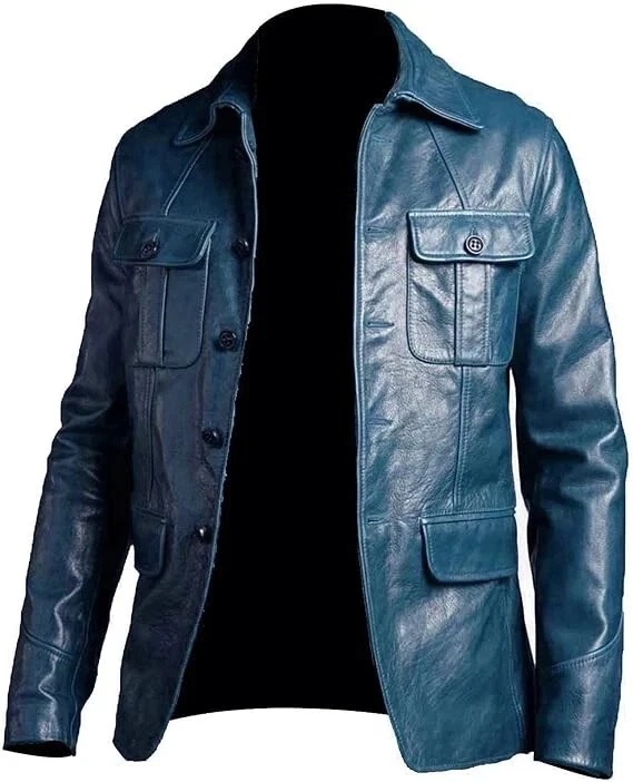 Men’s Blue Lambskin Leather Blazer Jacket Genuine Soft Biker Button Coat