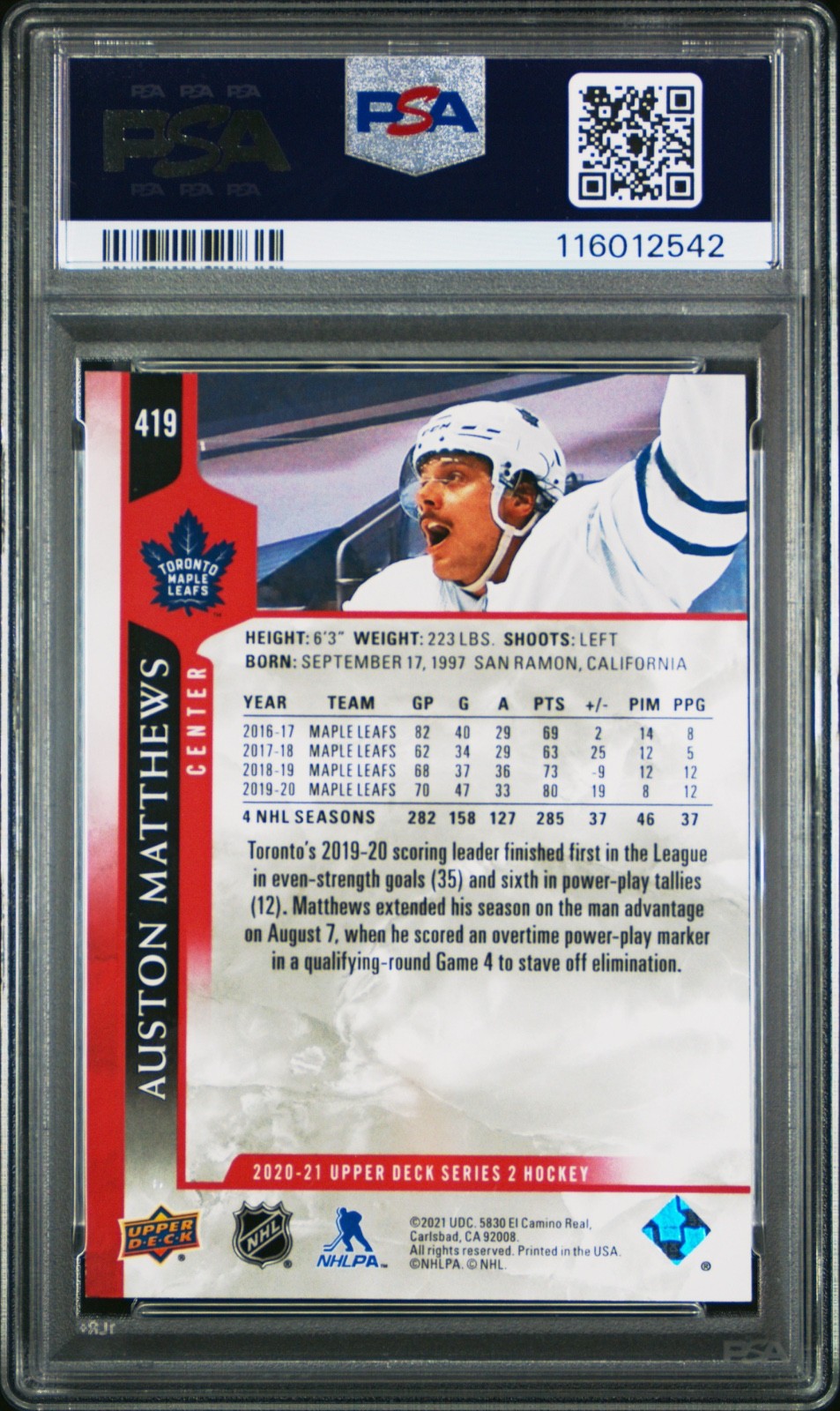 2020-21 Upper Deck Auston Matthews Exclusives /100 PSA 9 view 2