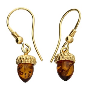 Authentic Earrings Sterling Silver Gold- Plated Baltic Amber Cognac Acorn Drops