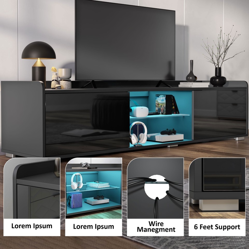 140cm High Gloss TV Unit Stand with RGB LED Lights Living Room 2 Door ...