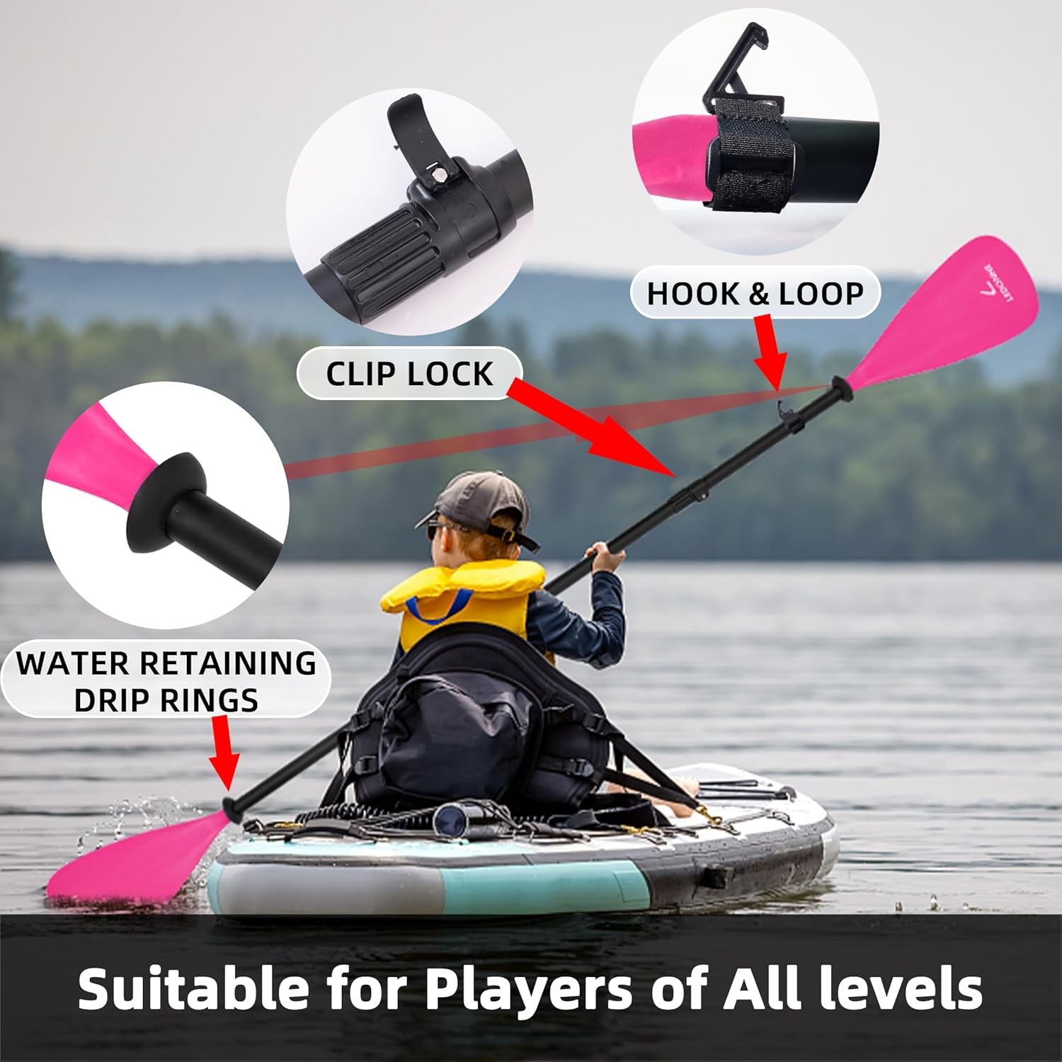 LEDONNE SUP Paddle 4-Piece Adjustable Kayak 4-Pieces Pink 