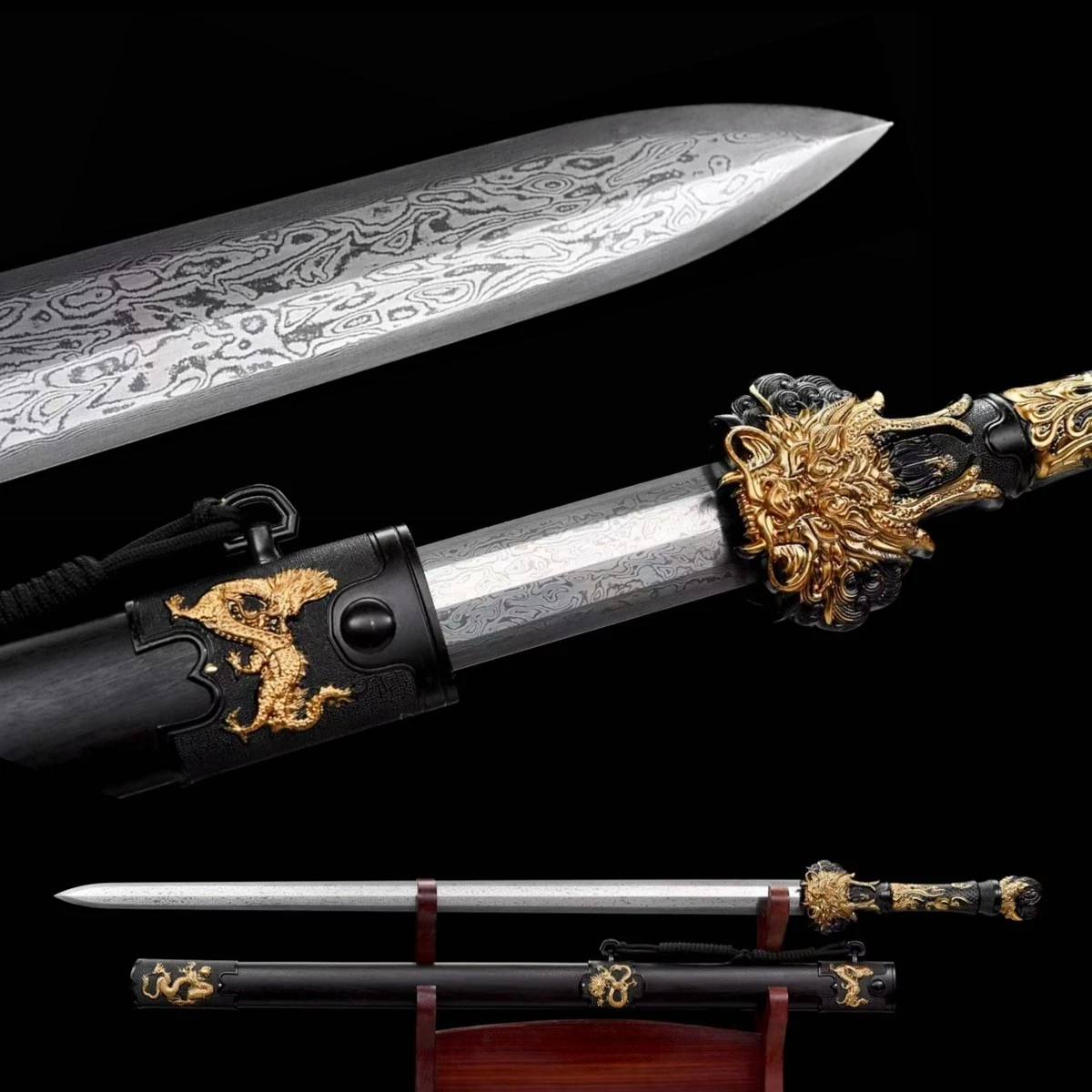 Handmade Sharp Chinese Dragon Sword Folded Damascus Steel