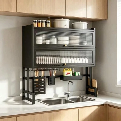 Double Layer Kitchen Sink Organizer Rack With Cabinet Door Dish Rack